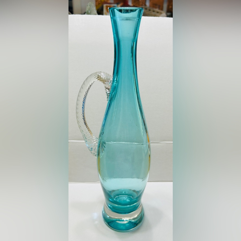 Vintage pitcher, glass, wine. possible Empoli. Teal color with clear handle.
